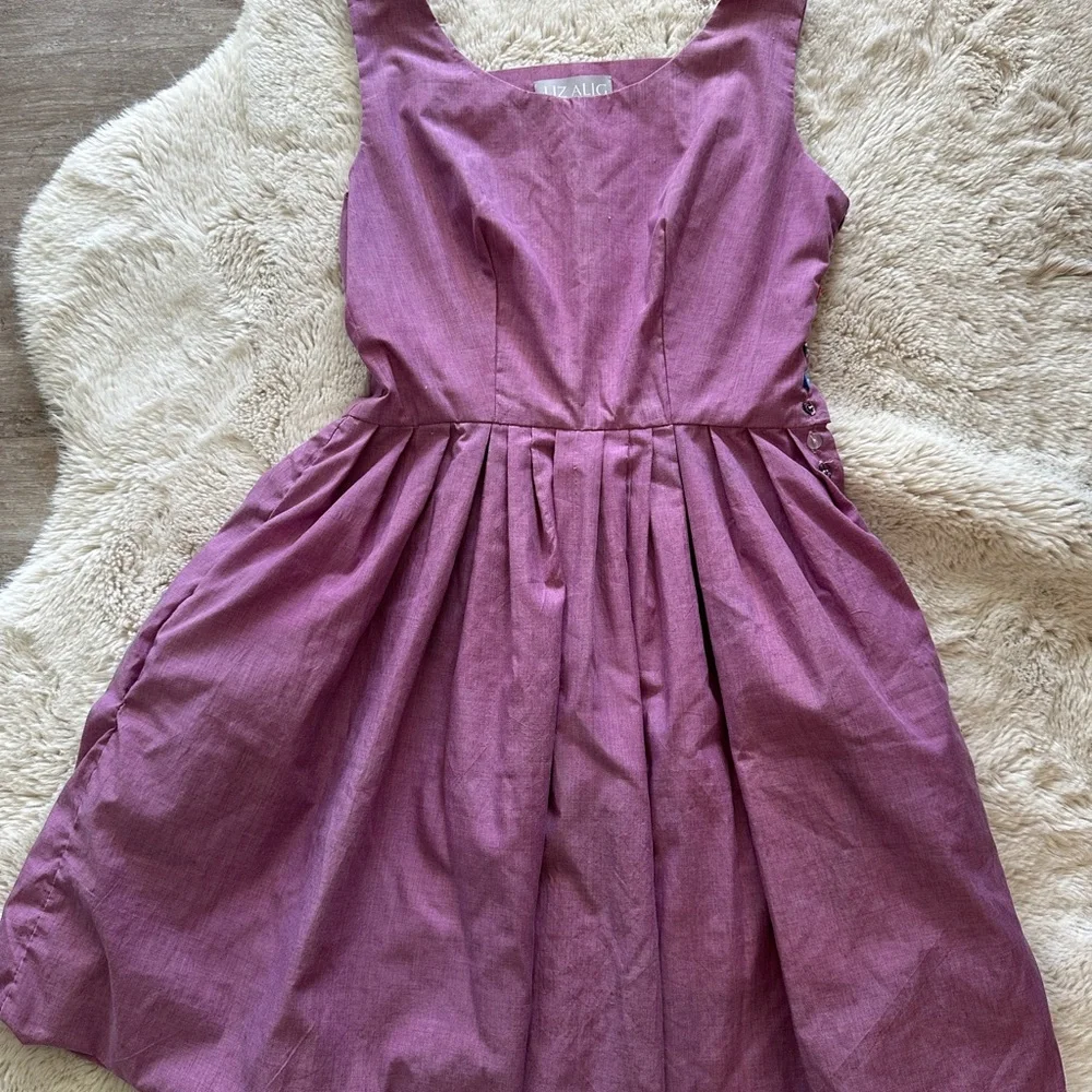 Unique Flour Sack Asymmetrical Purple Dress with Button Details - Picture 2 of 10